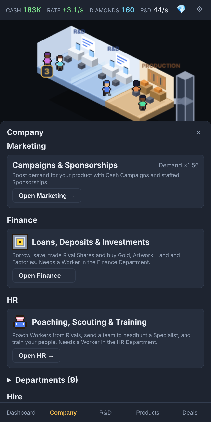 Company tab with Marketing, Finance and HR