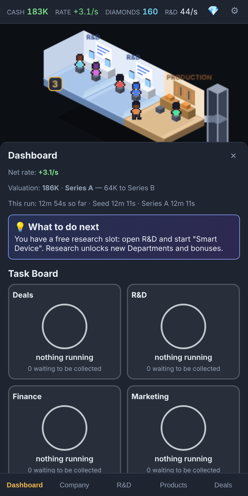 Dashboard with valuation and task board